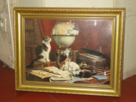 VERKOCHT Antieke prent "Wereldreizigers" met poezen en kittens - uit 1883  - 50x 40 cm