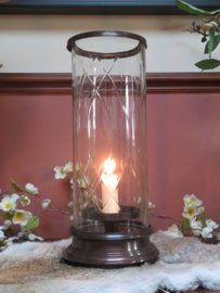 VERKOCHT Vintage windlicht - gegraveerd glas - bronsmetalen voet