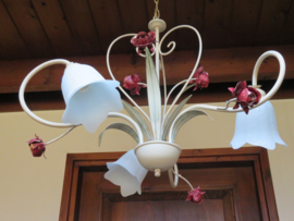 VERKOCHT Brocante Franse hanglamp met glazen kelken, 3-lichts