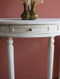 VERKOCHT Antieke brocante witte halfronde sidetable haltafel wandtafel