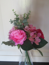 Boeketje kunstbloemen rozen en hortensia - 7 stelen - 38 cm lang