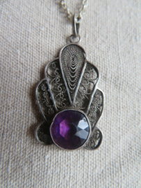 VERKOCHT Vintage zilveren filigrain hanger met amethist (zonder ketting)
