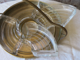 Art Deco koperen hapjesschaal - 5 glazen schaaltjes in koperen houder