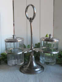 Oud glazen zuurstel confiture set in tinnen houder