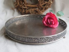 Brocante rond zilver metalen dienblad met opstaande rand - 32 cm