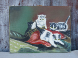 VERKOCHT Oud olieverfschilderij poesjes kittens - gesigneerd - 14 x 8 cm