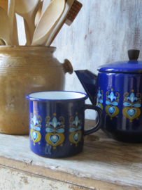 Oude blauwe emaille koffiepot en koffiemok, set van 2