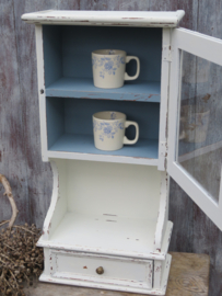 VERKOCHT Oud brocante Frans houten kastje met glas en lade