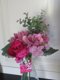 Boeketje kunstbloemen rozen en hortensia - 7 stelen - 38 cm lang