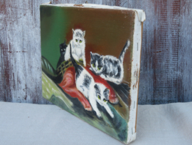 VERKOCHT Oud olieverfschilderij poesjes kittens - gesigneerd - 14 x 8 cm