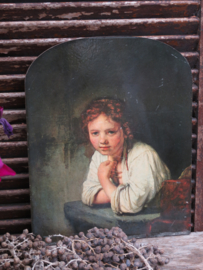 VERKOCHT Oude prent op hout, Meisje in het venster, Rembrandt, 36x29cm