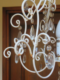 VERKOCHT Brocante Franse metalen kroonluchter hanglamp met glazen pegels - 1-lichts