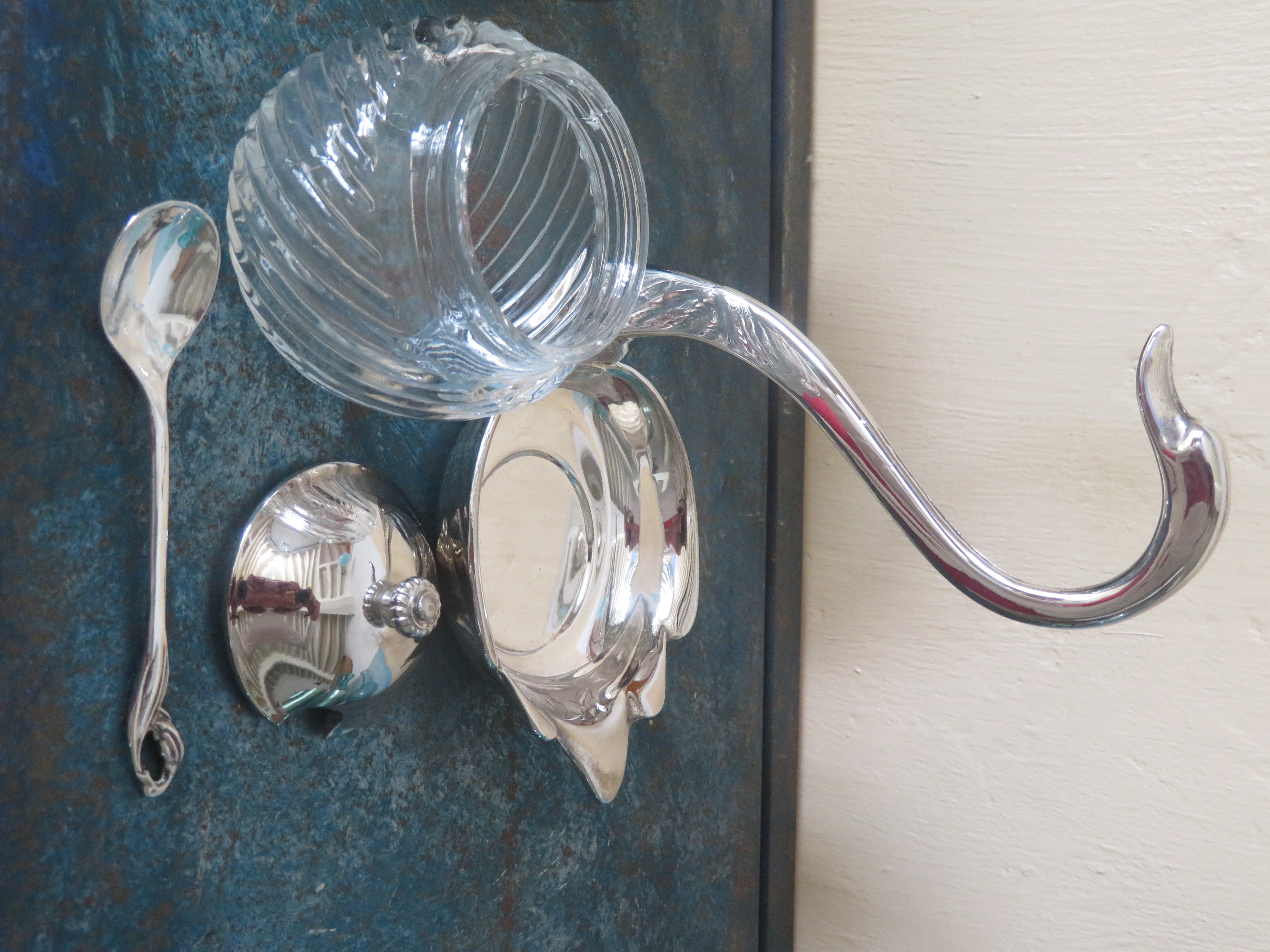 VERKOCHT Vintage glazen confiture pot in verzilverde zwaan houder (prijs per stuk)