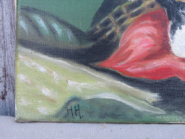 VERKOCHT Oud olieverfschilderij poesjes kittens - gesigneerd - 14 x 8 cm