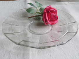 VERKOCHT Brocante platte glazen schaal 29,5 cm