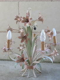 VERKOCHT Brocante Franse metalen bloemenlamp hanglamp - 5-lichts