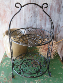 VERKOCHT Brocante zwarte metalen etagere 2-laags