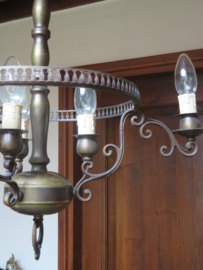 Antieke Franse koperen kroonluchter hanglamp 6-lichts