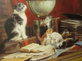 VERKOCHT Antieke prent "Wereldreizigers" met poezen en kittens - uit 1883  - 50x 40 cm