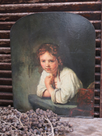 VERKOCHT Oude prent op hout, Meisje in het venster, Rembrandt, 36x29cm