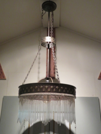 VERKOCHT Art Deco koperen hanglamp met glazen kralen, kralenlamp