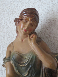 Antiek Frans gipsen beeld dame met luit - 53 cm hoog