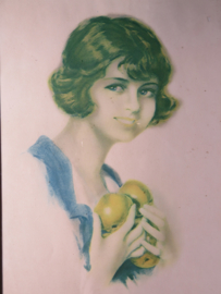 VERKOCHT Oude litho van een meisje met appels, ca. 1920