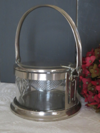 Oude gegraveerde glazen parmezaan pot / confiture pot in metalen houder