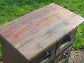 VERKOCHT Oude massief houten apothekerskast - 6 laden met glas