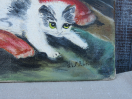 VERKOCHT Oud olieverfschilderij poesjes kittens - gesigneerd - 14 x 8 cm