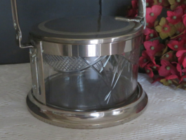 Oude gegraveerde glazen parmezaan pot / confiture pot in metalen houder