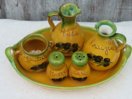 Vintage Franse aardewerk menage set  olie-en azijnstel - 6-delig