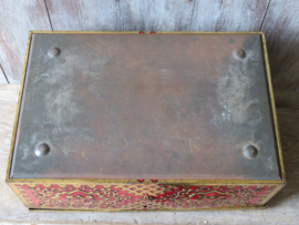 VERKOCHT Grote oude blikken trommel rood/goud