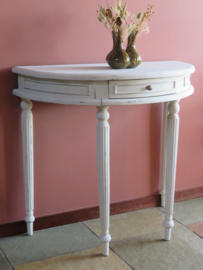 VERKOCHT Antieke brocante witte halfronde sidetable haltafel wandtafel