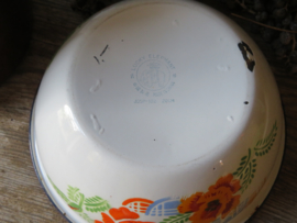 VERKOCHT Oude emaille schaal met bloemdecoratie, Lucky Elephant