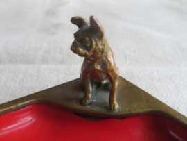 Oud koperen snuisterijen schaaltje met emaille inleg en bronzen hond