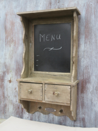 Brocante houten krijtbord keuken hangkastje met 2 laden