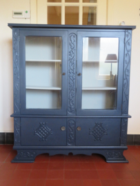 VERKOCHT Brocante blauwe vitrinekast boekenkast servieskast