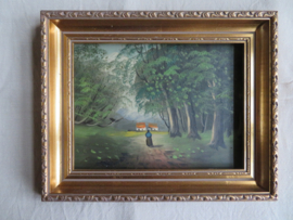 VERKOCHT Oud schilderij olieverf op hout - landschap - bospad naar een huis - 32x26 cm