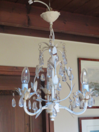 VERKOCHT Brocante Franse metalen hanglamp kroonluchter met glazen pegels- 3-lichts