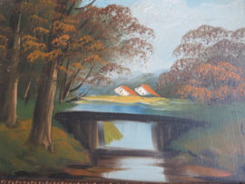 VERKOCHT Oud schilderij olieverf op hout - landschap - 31 x 26 cm