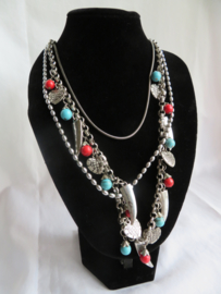 VERKOCHT Vintage lange halsketting zilver-rood-blauw