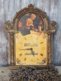 VERKOCHT Brocante Franse houten keukenklok Van Houten Chocolat