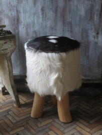Vintage ronde kruk van geitenhuid / geitenhuid krukje - 45 cm hoog