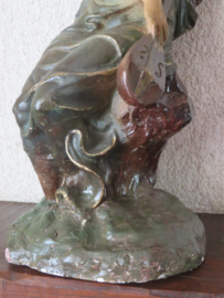 Antiek Frans gipsen beeld dame met luit - 53 cm hoog
