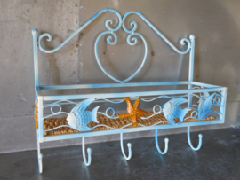 VERKOCHT Brocante blauw metalen smeedijzeren handdoekenrek met rieten planchet