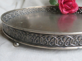 Brocante rond zilver metalen dienblad met opstaande rand - 32 cm