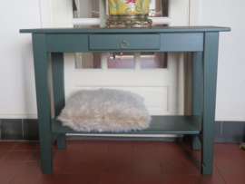 VERKOCHT Brocante groene houten sidetable wandtafel met lade - 100cm breed