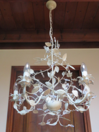 VERKOCHT Brocante Franse hanglamp kroonluchter met glazen pegels, 5-lichts