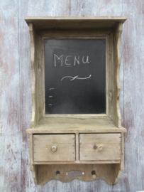 Brocante houten krijtbord keuken hangkastje met 2 laden